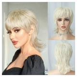 Short Blonde 613 Platinum Shaggy Layered 80s Mullet Pixie Wig with Bangs Wolf Cut Curly 90s Synthetic Funny Fake Fun Hair Replacement Wigs for White Women Daily Party Cosplay Halloween Costume Use
