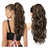 REECHO Ponytail Extension, 24\" Claw Clip Ponytail Extension Wavy Ponytails Hair Extensions Jaw Clip on Pony Tails Natural Synthetic Hairpiece for Women Daily, Dark Brown with Highlights