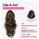 REECHO Ponytail Extension, 24\" Claw Clip Ponytail Extension Wavy Ponytails Hair Extensions Jaw Clip on Pony Tails Natural Synthetic Hairpiece for Women Daily, Dark Brown with Highlights