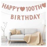 Happy 100th Birthday Decoration Banner, Rose Gold Glitter Happy 100 Years Old Birthday Party Decorations for Women or Men