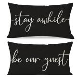 PANDICORN Farmhouse Lumbar Pillow Covers 12x20 Set of 2, Stay Awhile Be Our Guest Welcome Black White Decorative Throw Pillow Cases Outdoor Front Porch Decoration for Entryway Guestroom Couch Decor