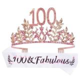 ONLY TIARA DORADREAMDEKO 100th Birthday Tiara for Women - Fabulous Glitter Sash + Leafs Rhinestone Pink Premium Metal Tiara for Her, 100th Birthday Gifts for 100 Celebration