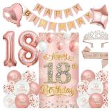 Roetyce 18th Birthday Decorations for Girls, Rose Gold Happy 18th Birthday Banner Sash & Crown Balloons Kit, Pink 18 Years Old Party Yard Door Wall Backdrop Background