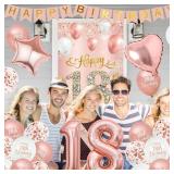 Roetyce 18th Birthday Decorations for Girls, Rose Gold Happy 18th Birthday Banner Sash & Crown Balloons Kit, Pink 18 Years Old Party Yard Door Wall Backdrop Background
