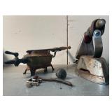 Antique charcoal “sad” iron with detachable handle + antique cast iron curling iron with wood grip