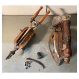 Antique charcoal “sad” iron with detachable handle + antique cast iron curling iron with wood grip