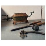 Antique charcoal “sad” iron with detachable handle + antique cast iron curling iron with wood grip