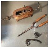 Antique charcoal “sad” iron with detachable handle + antique cast iron curling iron with wood grip