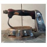 Antique charcoal “sad” iron with detachable handle + antique cast iron curling iron with wood grip