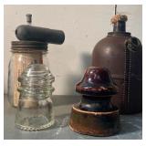 Vintage Insulators, Kerr Mason Jar w/Sprayer Attachment & Smudge Pot/Highway Torch
