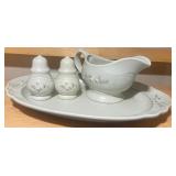 Pfalzgraff Stoneware "Heirloom" Serving Platter, Gravy Boat and Salt & Pepper Shakers