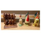 Vintage Rooster Décor Collection + Hand-Carved Wooden Bird Napkin Ring Holder