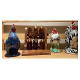 Rooster Figurine Trio + Hand-Carved Wooden Bird Napkin Ring Holder