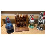 Rooster Figurine Trio + Hand-Carved Wooden Bird Napkin Ring Holder
