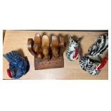 Rooster Figurine Trio + Hand-Carved Wooden Bird Napkin Ring Holder