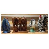Rooster Figurine Trio + Hand-Carved Wooden Bird Napkin Ring Holder