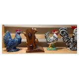 Rooster Figurine Trio + Hand-Carved Wooden Bird Napkin Ring Holder