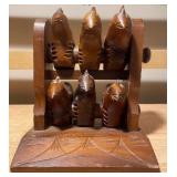 Rooster Figurine Trio + Hand-Carved Wooden Bird Napkin Ring Holder