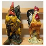 Pair of Large Vintage Rooster Figurines — Hand-Painted Ceramic