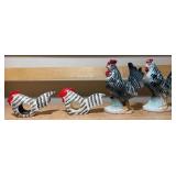 Black & White Rooster Figurine Set and Pair of Napkin Rings– 4 Pieces (Wood + Ceramic)