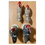 Black & White Rooster Figurine Set and Pair of Napkin Rings– 4 Pieces (Wood + Ceramic)