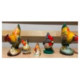 Set of 5 Vintage Rooster & Hen Figurines – Mixed Sizes & Styles