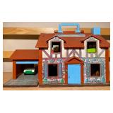 Vintage Fisher-Price Tudor Dollhouse w/ Garage, Furniture & Figures