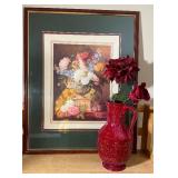 Large Framed Floral Art & Decorative Burgundy Pitcher