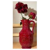 Large Framed Floral Art & Decorative Burgundy Pitcher
