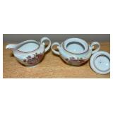 Vintage Iridescent Rose Porcelain Creamer, Sugar Bowl & Plates