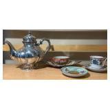 Silver Teapot & Assorted Decorative Teacups Lot