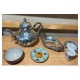 Silver Teapot & Assorted Decorative Teacups Lot