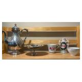 Vintage Silver Teapot, Pedestal Dish & Porcelain Cups Lot