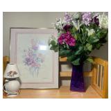 Floral Décor Lot – Framed Art, Table Lamp & Vase Arrangement