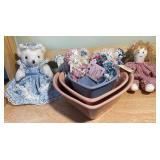 Handcrafted Stoneware Nesting Bowls and Vintage style Dolls and Magnets