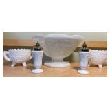 Milk Glass “Grape & Vine” Serving Pieces + Shakers