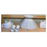 Milk Glass “Grape & Vine” Serving Pieces + Shakers
