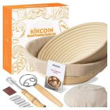Bread Proofing Basket, Kikcoin Banneton Bread Proofing Basket Set of 2, 9 Inch & 10 Inch Round Sourdough Proofing Basket with Linen Liner, Bread Lame, Dough Whisk