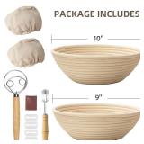 Bread Proofing Basket, Kikcoin Banneton Bread Proofing Basket Set of 2, 9 Inch & 10 Inch Round Sourdough Proofing Basket with Linen Liner, Bread Lame, Dough Whisk