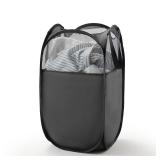 TECHMILLY Pop Up Foldable Laundry Basket, Mesh Laundry Hamper with Reinforced Handles for Dirty Clothes Storage in Dorm, Laundry Room, Bathroom, Black(Fabric)