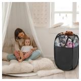 TECHMILLY Pop Up Foldable Laundry Basket, Mesh Laundry Hamper with Reinforced Handles for Dirty Clothes Storage in Dorm, Laundry Room, Bathroom, Black(Fabric)