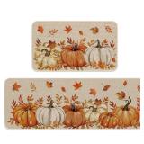 FYSUIMU 2Pcs Fall Kitchen Mat White Orange Pumpkin Maple Leaves Welcome Floor Mat Non-Slip Door Rug for Autumn Harvest Thanksgiving Indoor Outdoor Bathroom, 17 x 29 Inch & 17 x 47 Inch