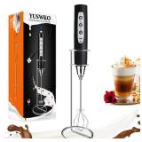 YUSWKO Black Handheld Milk Frother Wand with Stand for Coffee, Rechargeable Electric Whisk with 3 Heads 3 Speeds Drink Mixer Coffee Frother For Latte, Cappuccino, Hot Chocolate, Egg