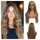 Belaved Wigs Human Hair 13x4 Straight Lace Front 16 Inch Highlights Chocolate Brown Mixed Ash Blonde HD Lace Frontal Wig Human Hair Glueless Pre Plucked Bleached Knots