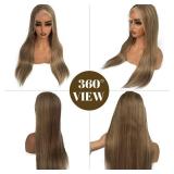 Belaved Wigs Human Hair 13x4 Straight Lace Front 16 Inch Highlights Chocolate Brown Mixed Ash Blonde HD Lace Frontal Wig Human Hair Glueless Pre Plucked Bleached Knots