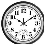 JENLYSTIME 12 Inch Indoor/Outdoor Retro Waterproof Wall Clock with Thermometer Silent Round Quartz Battery Operated Easy to Read Decorative for Kitchen Patio,Bathroom,Deck,Porch,Pool(Silver)