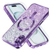 Misea Magnetic for iPhone 16 Plus Case Compatible with MagSafe [Military Grade Drop Protection] Full Camera Lens Protector Luxury Gradual Glitter Plating Soft Phone Case for Women Girls 6.7, Purple