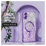 Misea Magnetic for iPhone 16 Plus Case Compatible with MagSafe [Military Grade Drop Protection] Full Camera Lens Protector Luxury Gradual Glitter Plating Soft Phone Case for Women Girls 6.7, Purple