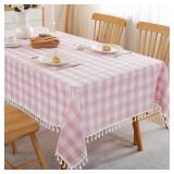 JIALE Gingham Tablecloth Rectangle Cotton Linen Fabric Checkered Table Cloth with Tassel Washable Wrinkle Free Buffalo Plaid Table Cover for Birthday Party Picnic Outdoor Kitchen Dining, Pink, 55x75