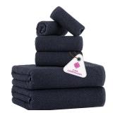 CASA COPENHAGEN Popcorn Textured 6 Pieces Towel Set- Navy Blue, 550 GSM 2 Bath Towel 2 Hand Towel 2 Washcloth, Rough & Tough Use Cotton Towels Gift Set for Bathroom